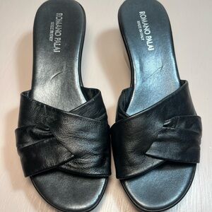 Romano Palai Italian Soft Leather Wedge Slide | Black | Made in Italy | Size 6.5